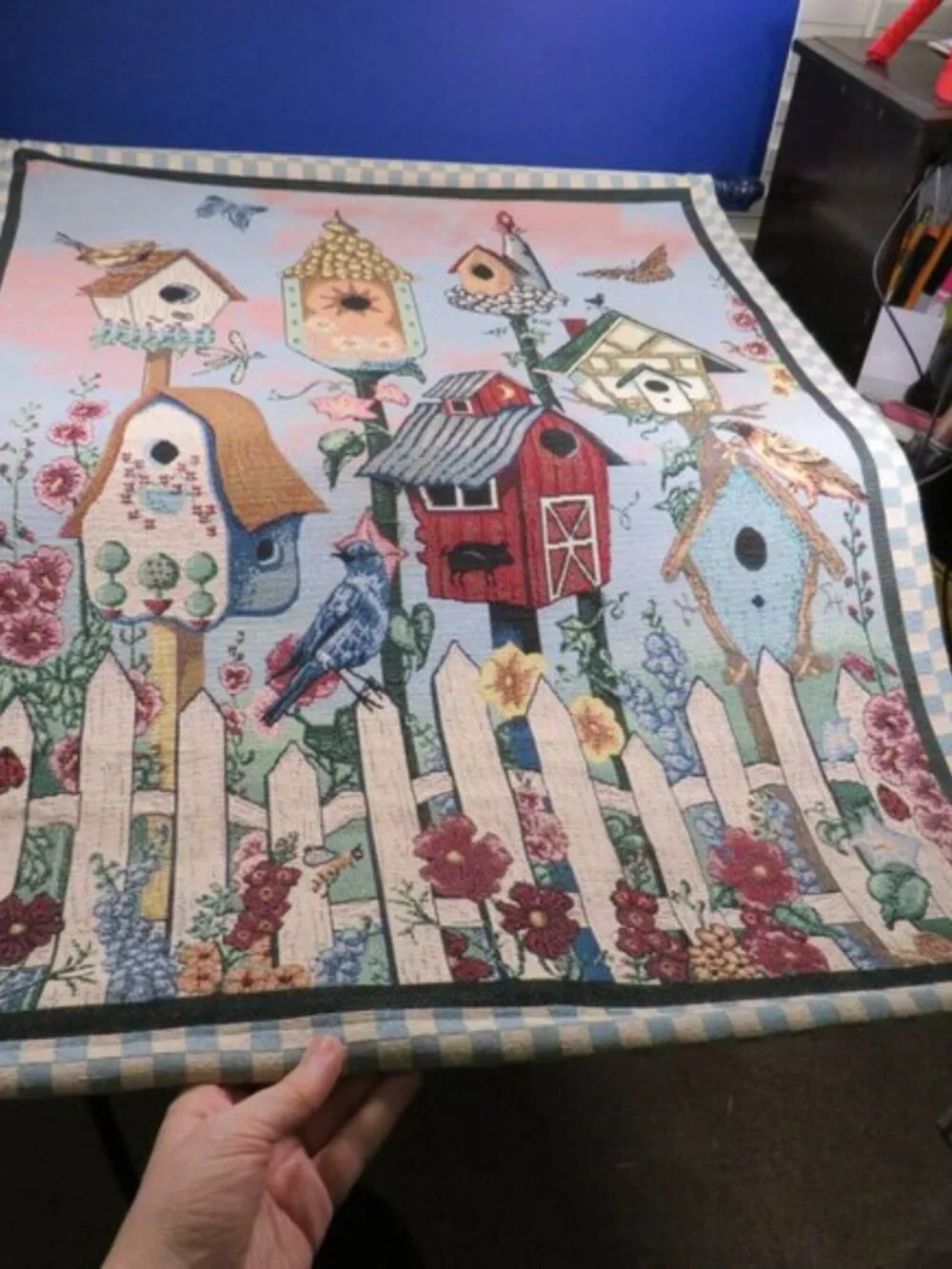 Vintage Birdhouse Woven Wall Tapestry Hanging Pole Included cottagecore 33